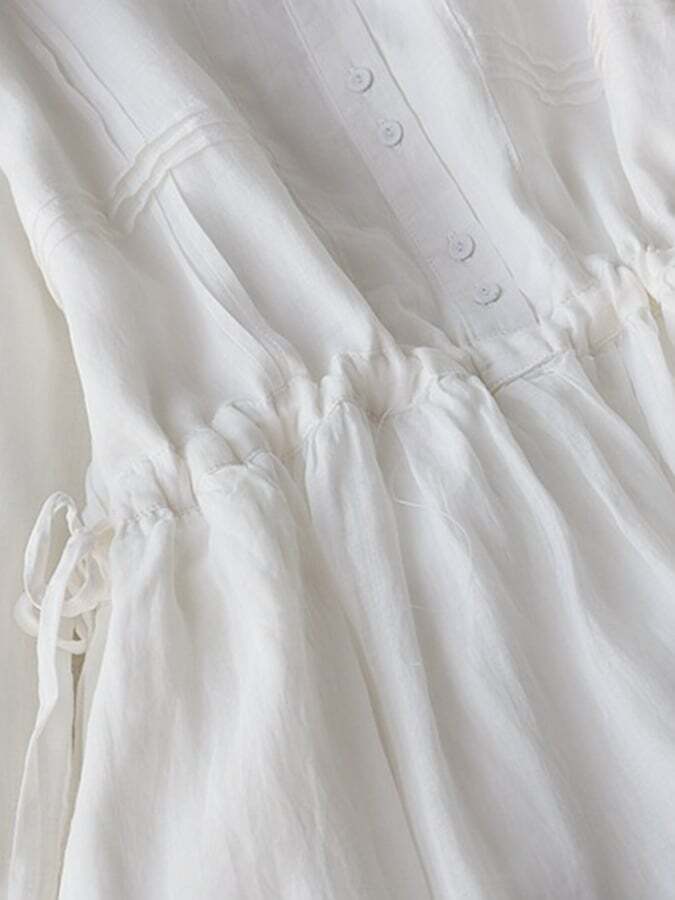 Cotton Linen 5/4 Sleeve Polo Neck Tie Up Dress