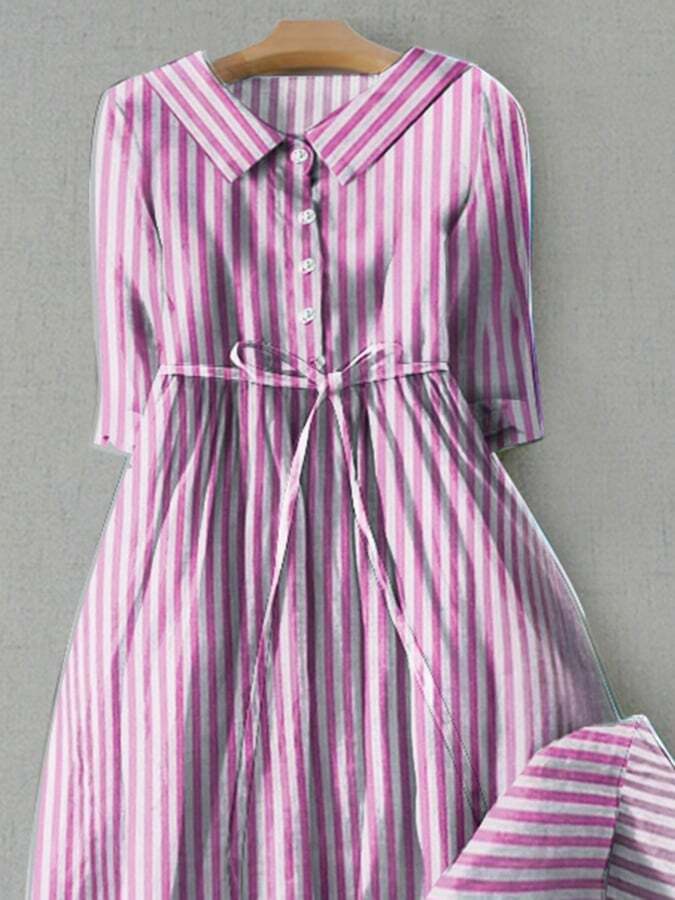 Fashion Casual Cotton Stripes With Pocket Lace Dresses