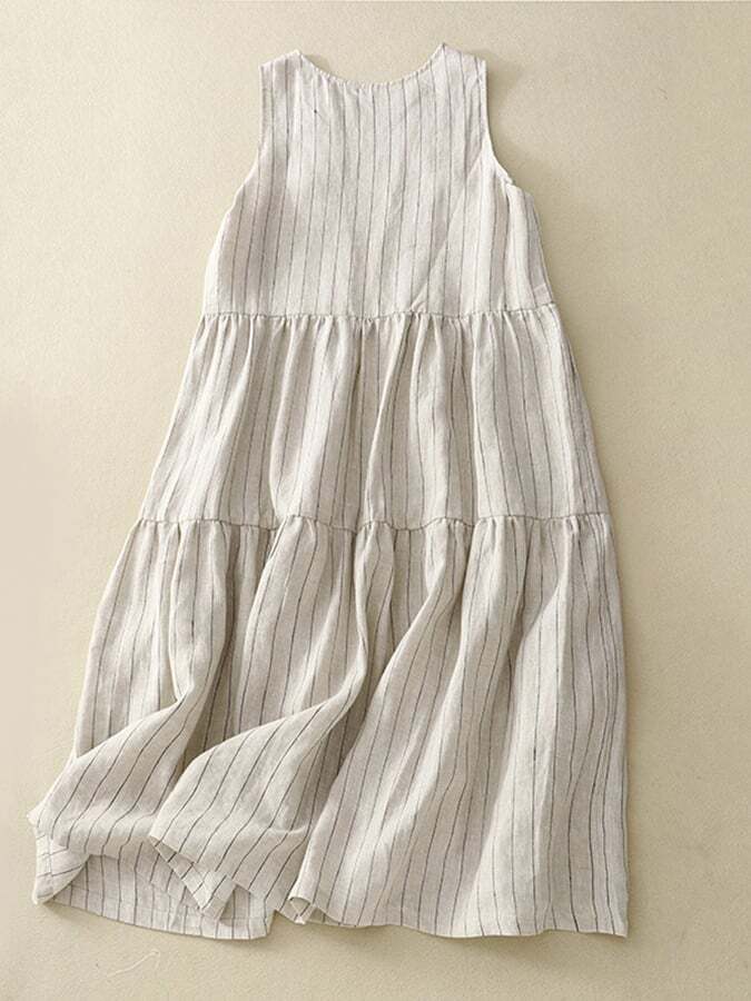 Striped Sleeveless Pleated Patchwork Dress