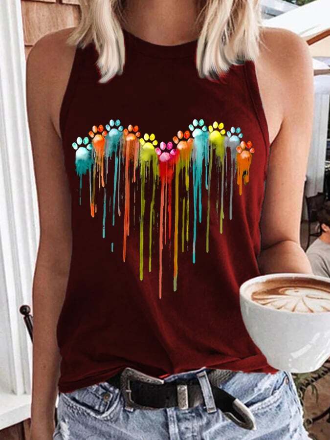 Women's Color Dog Paw Heart Print Tank Top