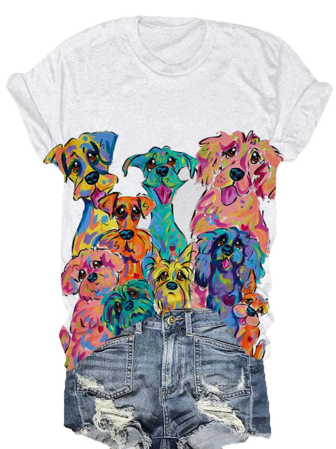Women's Colorful Dog Print Crew Neck T-Shirt