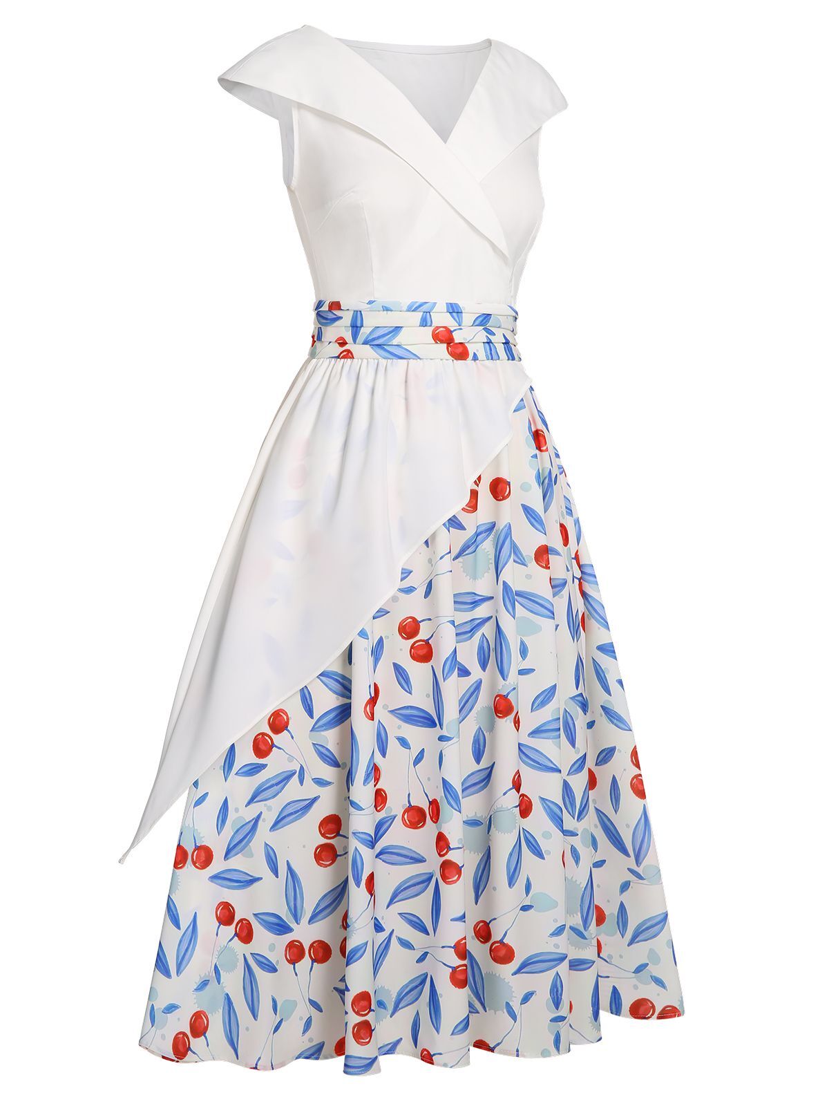 [Pre-Sale] White 1950s V-Neck Cherry Cap Sleeve Dress