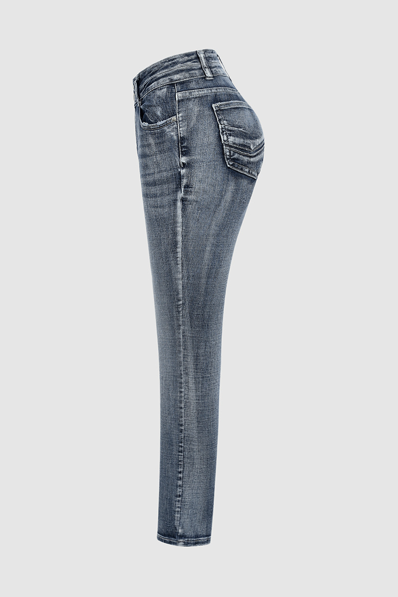 Mid Waist Double Button Skinny Jeans