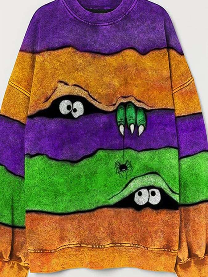 Women's Casual Halloween Peek Monster Print Long Sleeve Sweatshirt