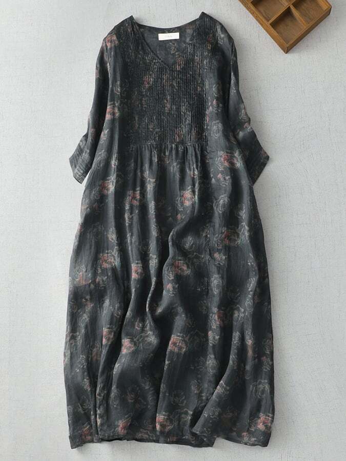 Printed V-Neck Minimalist Thin Linen A-Line Dress