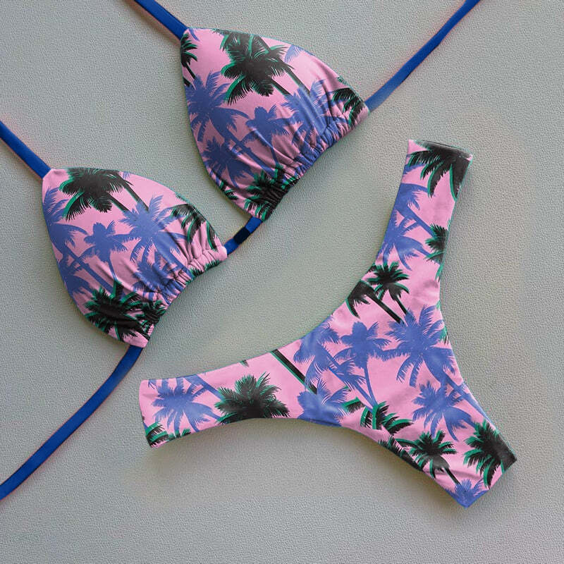 Retro Palm Tree Contrast Color Bikini Set