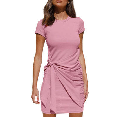round neck slim-fit pleated waist mini dress