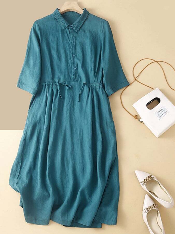 Cotton And Linen Solid Color Shirt Collar Retro Style Dress