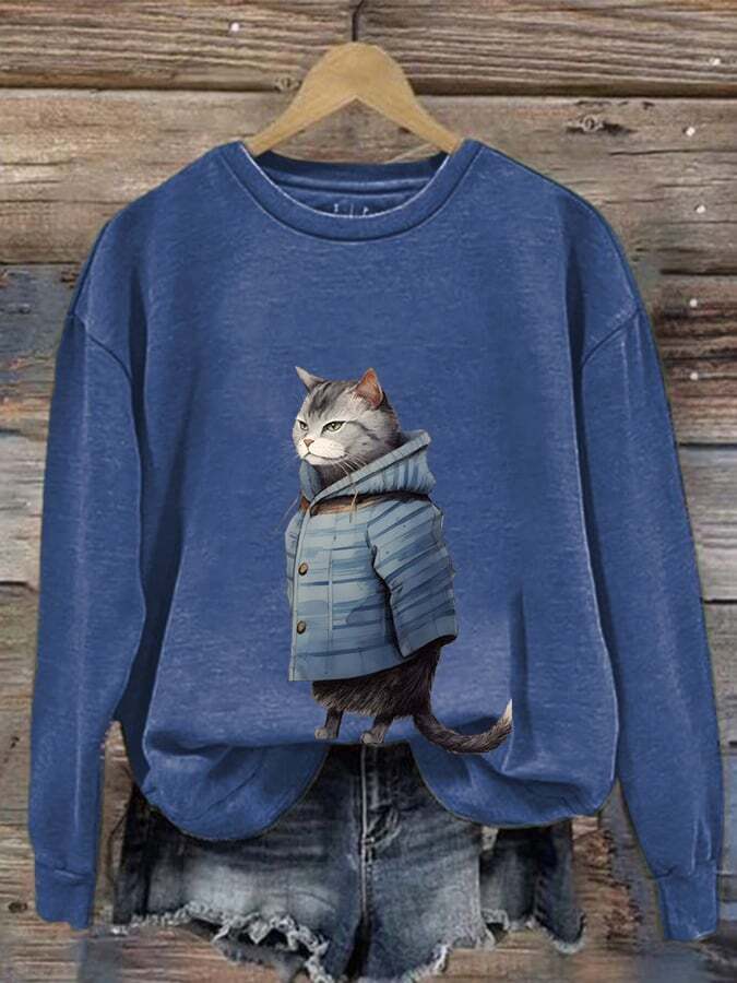 Women'S Winter Art Cat Print Crew Neck Casual Sweatshirt