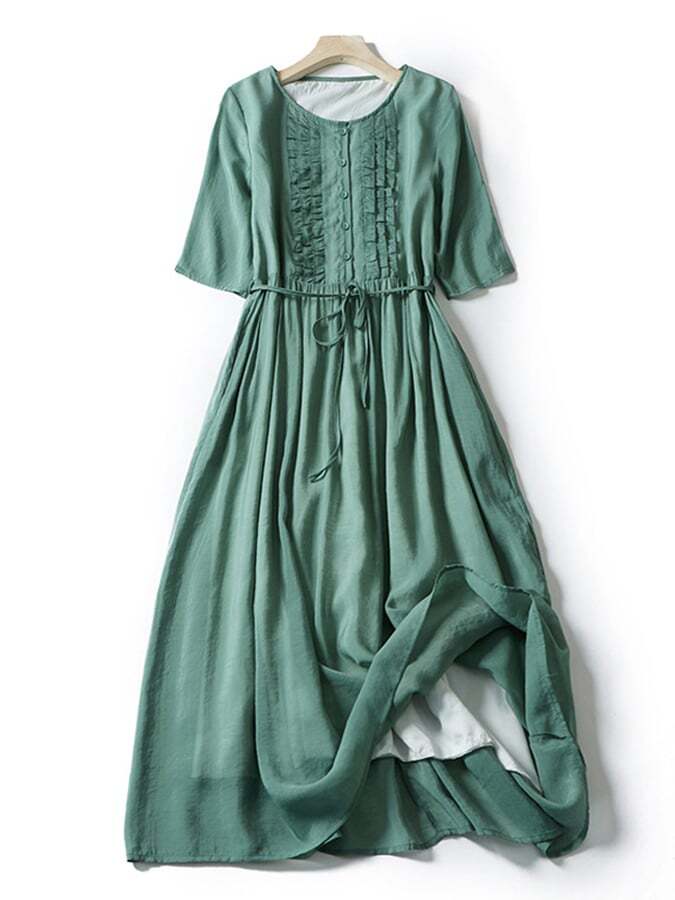 Double Layered Lace Up Waist Up Cotton Linen Middle Sleeve Dress