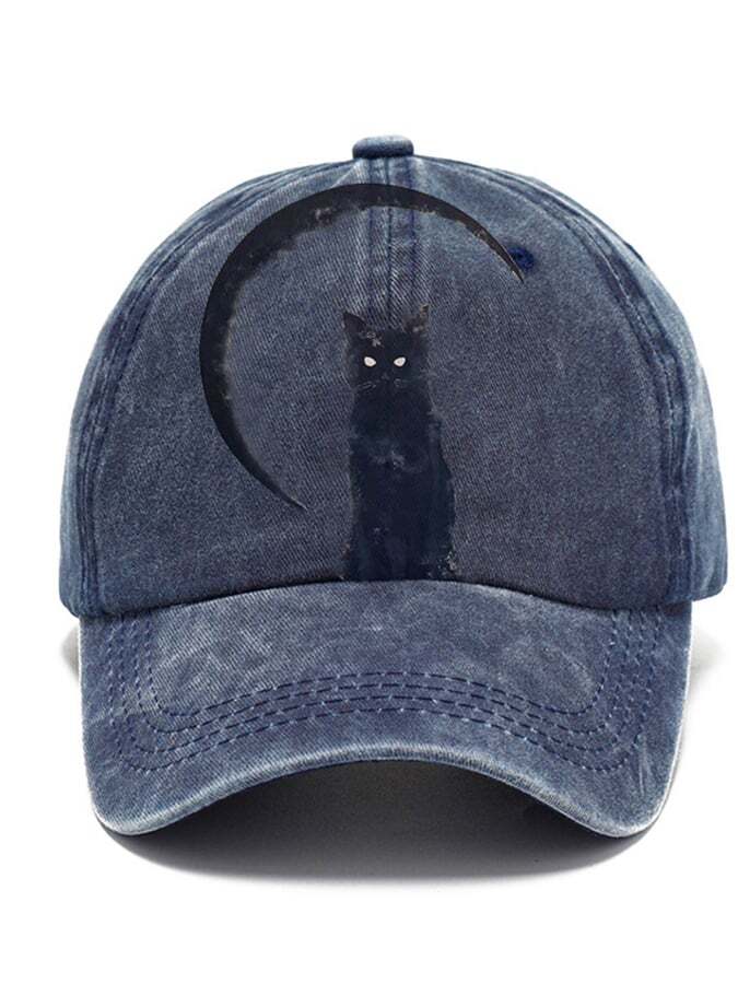 Distressed Washed Cotton Vintage Cat Print Hat