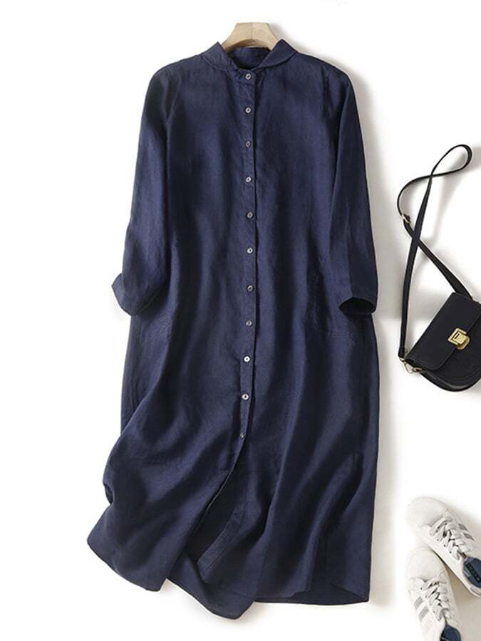 Medium Length Loose Fitting Long Sleeved Straight Shirt Dress