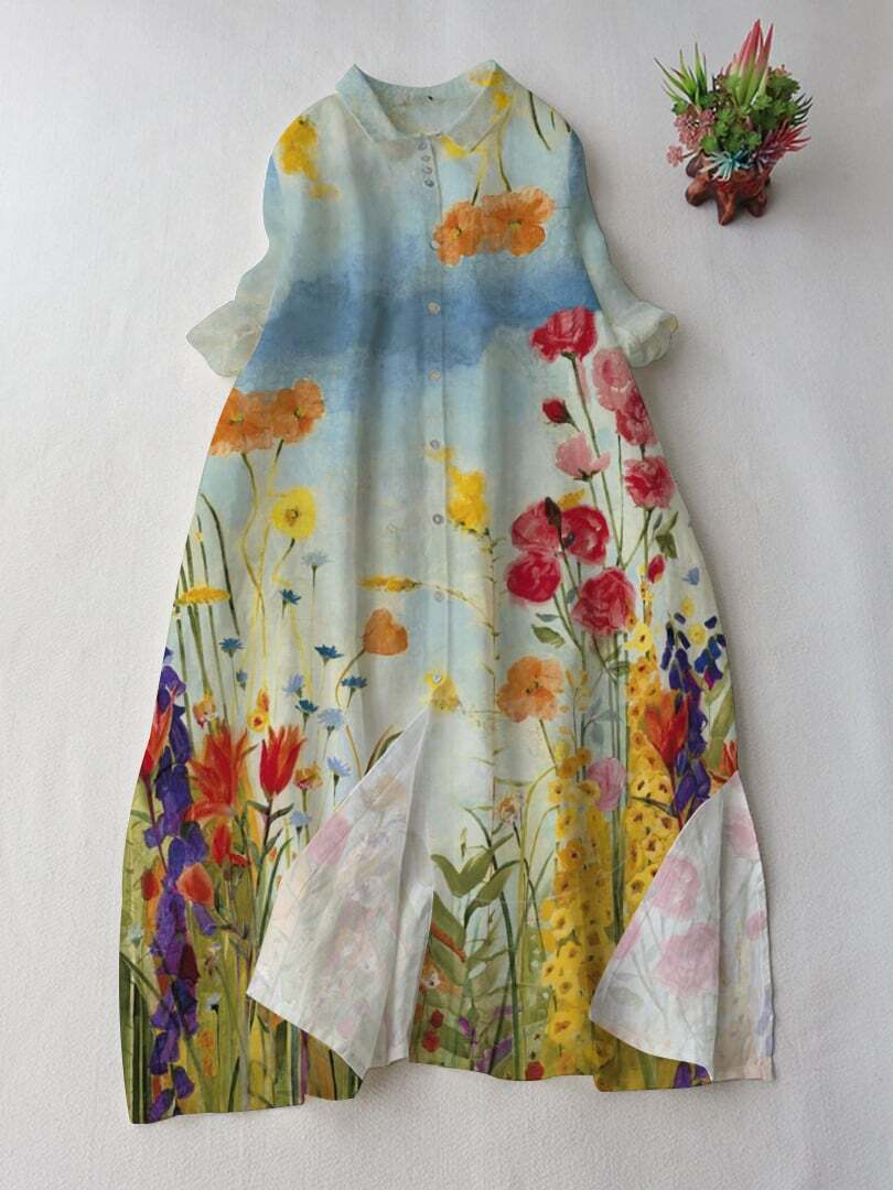 Artistic Elegant Floral Print Shirt Dress