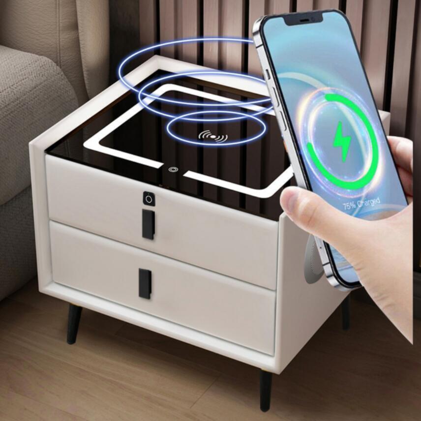 💓Smart Bedside Table Touch Leather USB Wireless Charging With LED Light Fingerprint Lock Audio Bedside Table[🔥Buy two pieces free shipping]