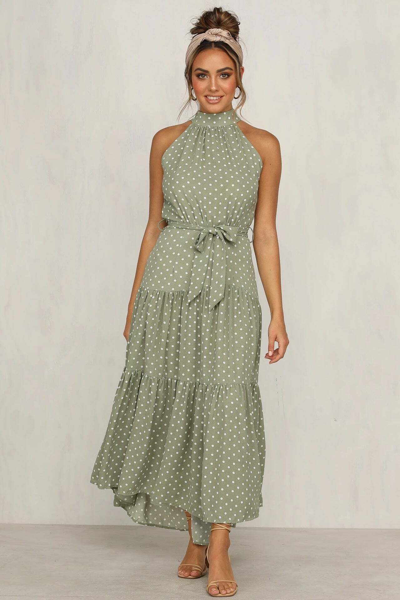 Women's polka dot round neck sleeveless ruffled maxi dress