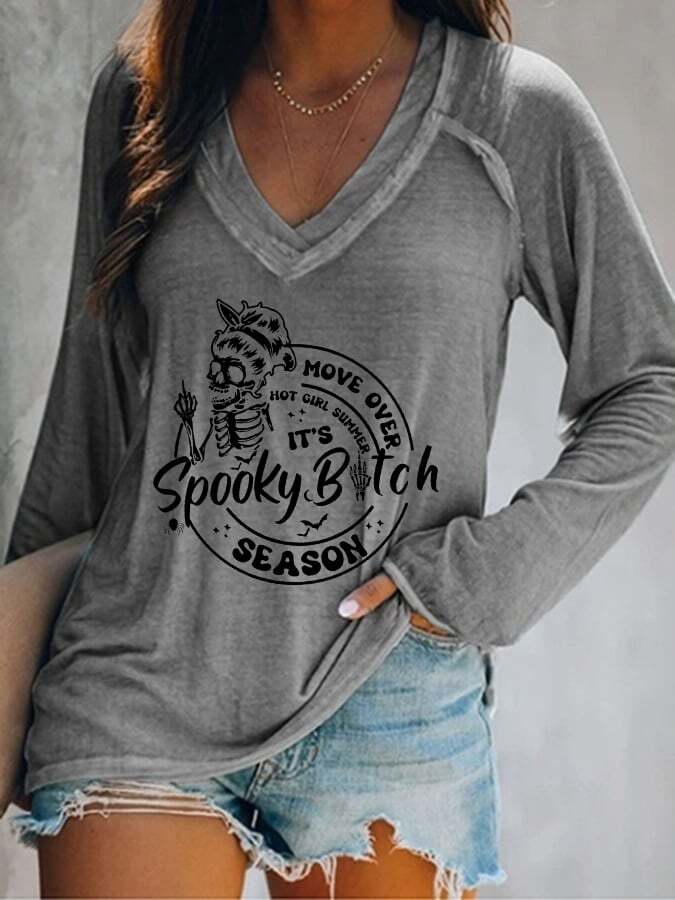 Women's Halloween Move Over Hot Girl Summer It's Spooky Bitch Season Print Casual Long Sleeve V-Neck T-Shirt