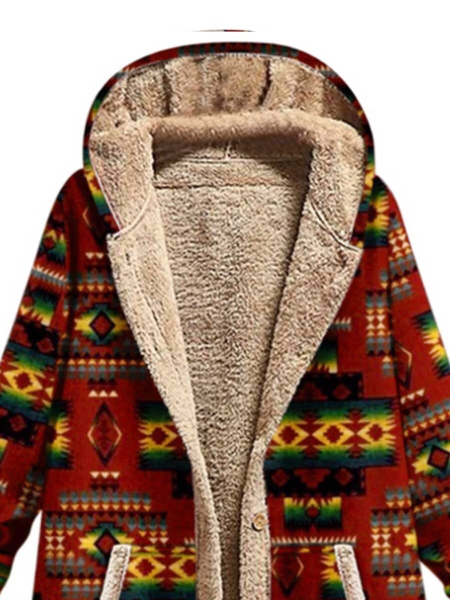 Women's Aztec Tribe Print Casual Fleece Cardigan Coat