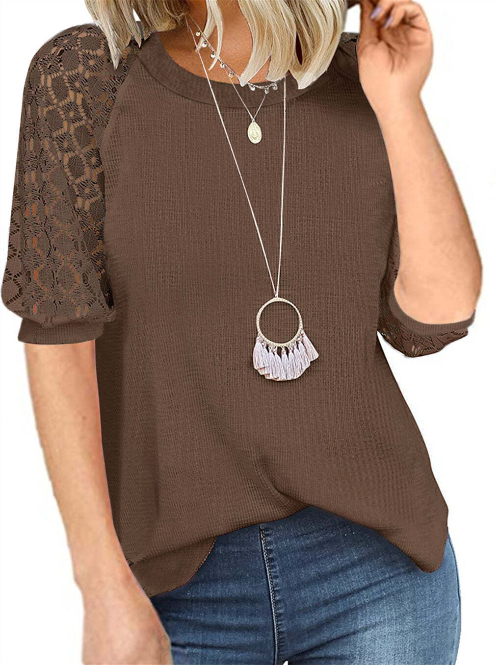 Women's Short Sleeve Scoop Neck Hollow Lace Top