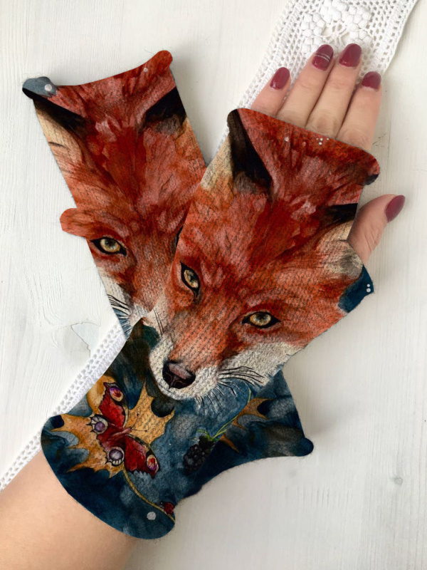 (Ship within 24 hours)Retro fox casual print knit fingerless gloves
