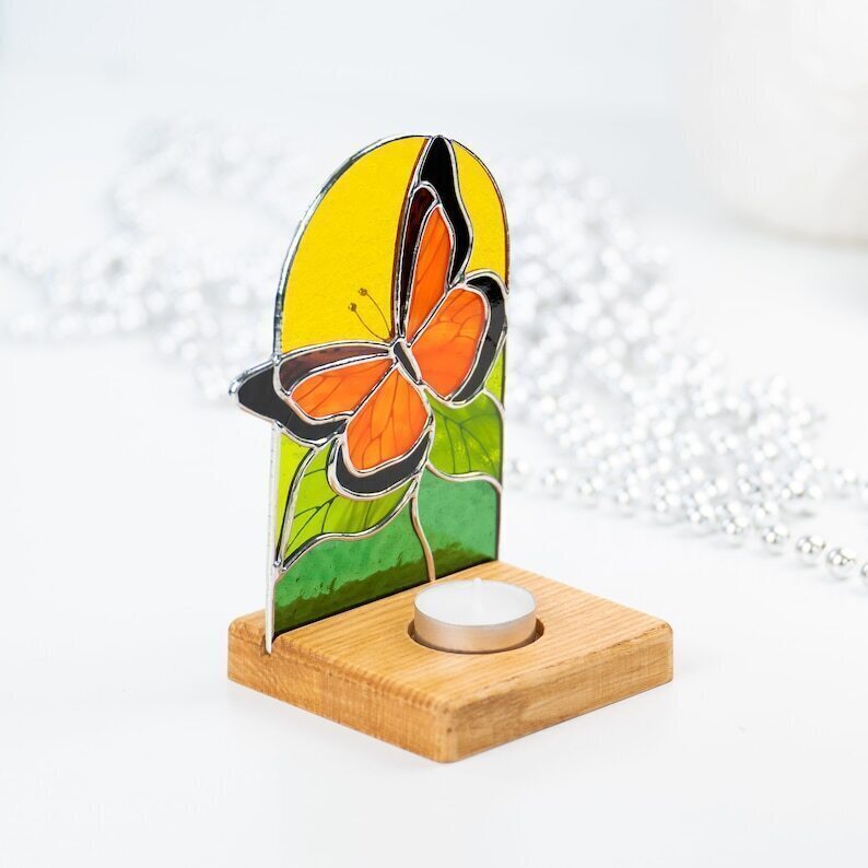 Monarch butterfly stained glass panel stained glass candle holder