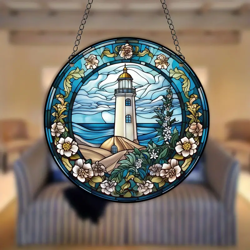 1pc Lighthouse Art Stained Window Hanging Suncatcher Decorative Stained Sun Catcher Hanging Art Decoration For Wall Or Window Decor