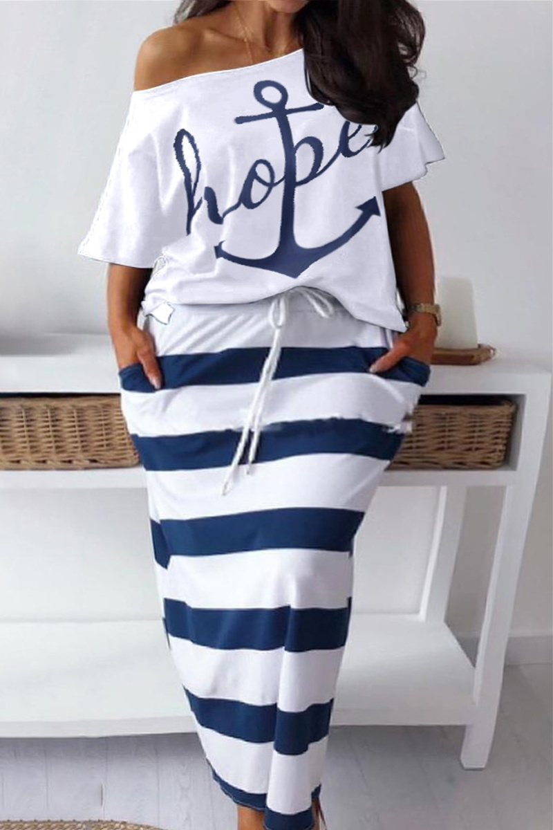Deep Blue Fashion Casual Print Basic Oblique Collar Plus Size Two Pieces
