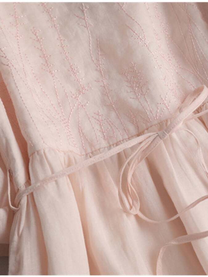 Cotton And Linen Embroidered Lace Up Waist Up Dress