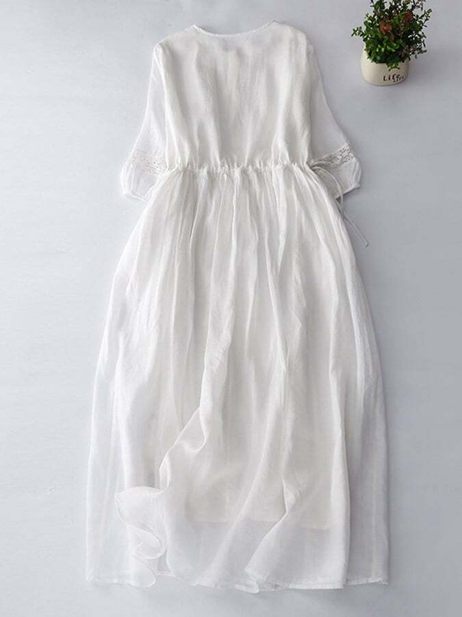Thin Round Neck Lace Up Waist Embroidered Cotton Linen Dress