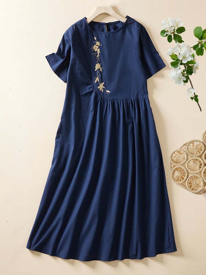 Cotton And Linen Embroidered Solid Color Pullover Dress