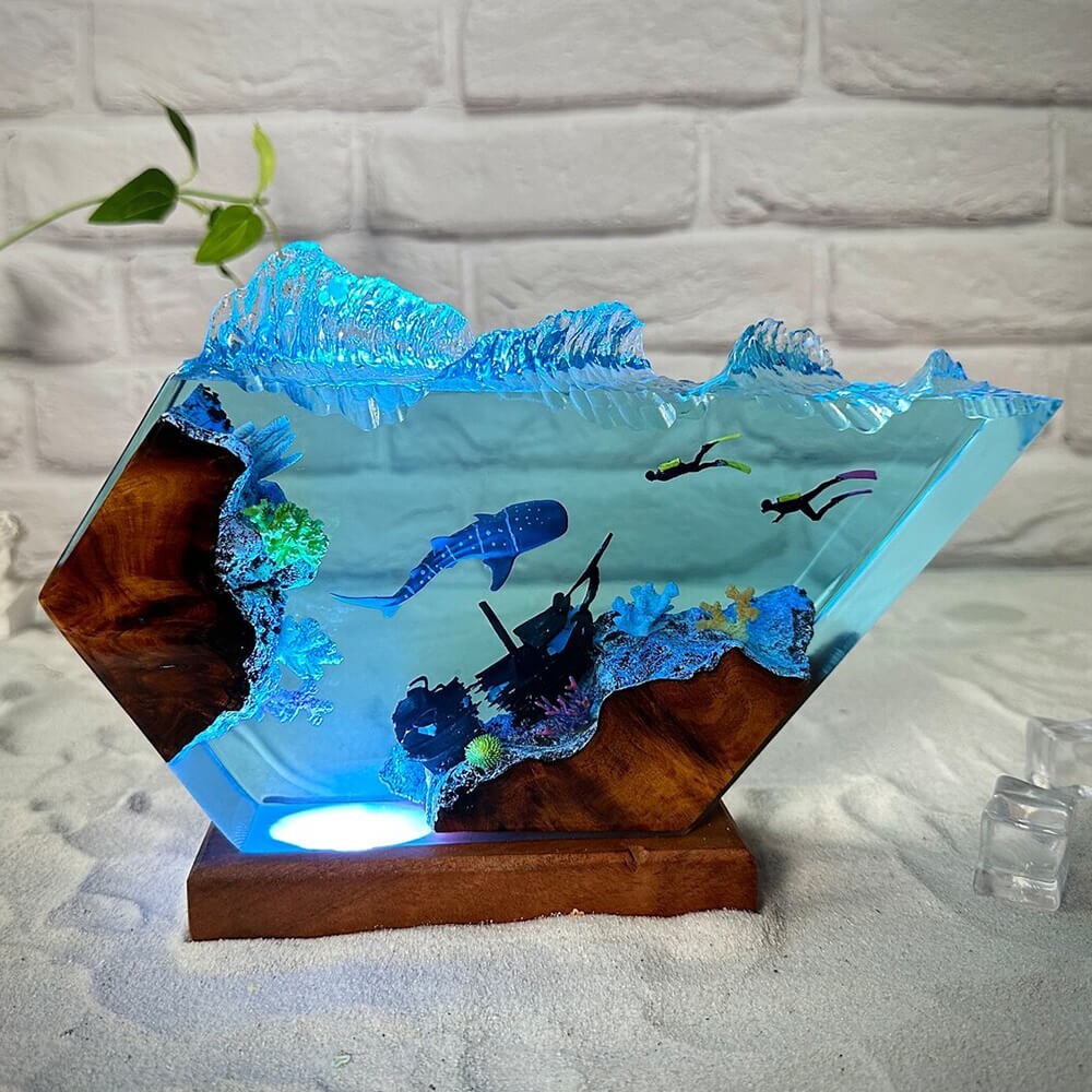 Whale shark and Couple Diver Resin Ocean Night Light Christmas Gift