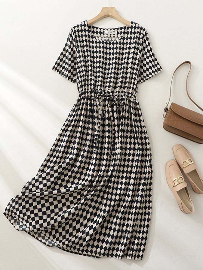 Waist Tightening And Slimming Lace Up Plaid Short Sleeved Drawstring Dress