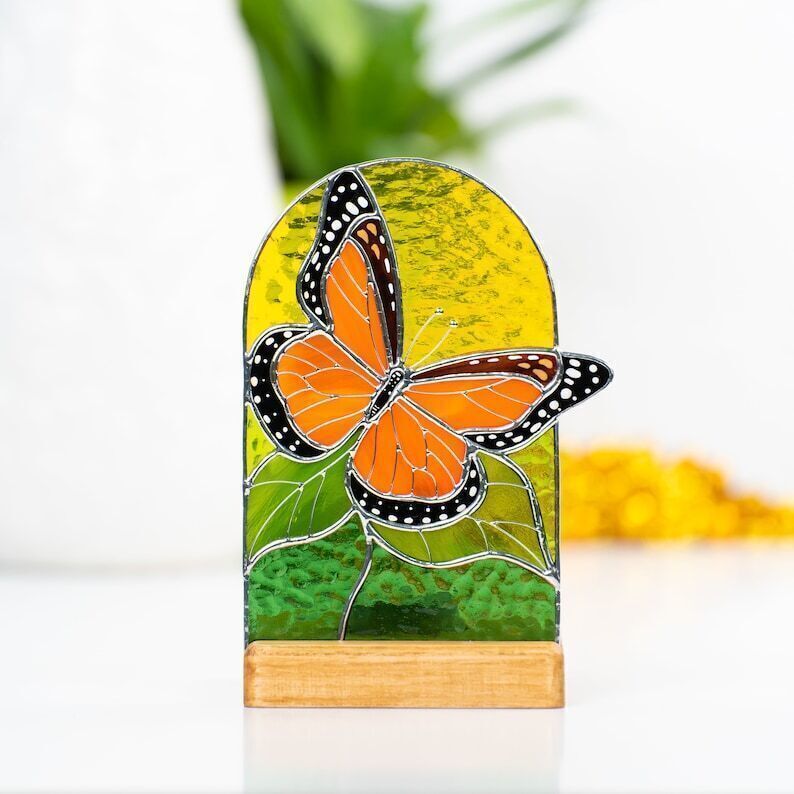 Monarch butterfly stained glass panel stained glass candle holder
