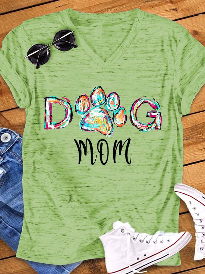Women's Dogs Mom Paw Print Snowflake Dot V-Neck T-Shirt