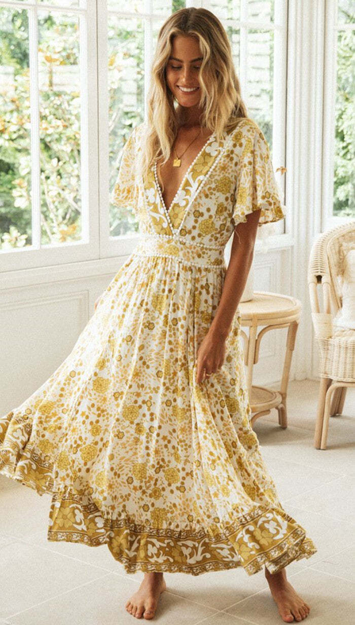 Women summer casual holiday print maxi dress