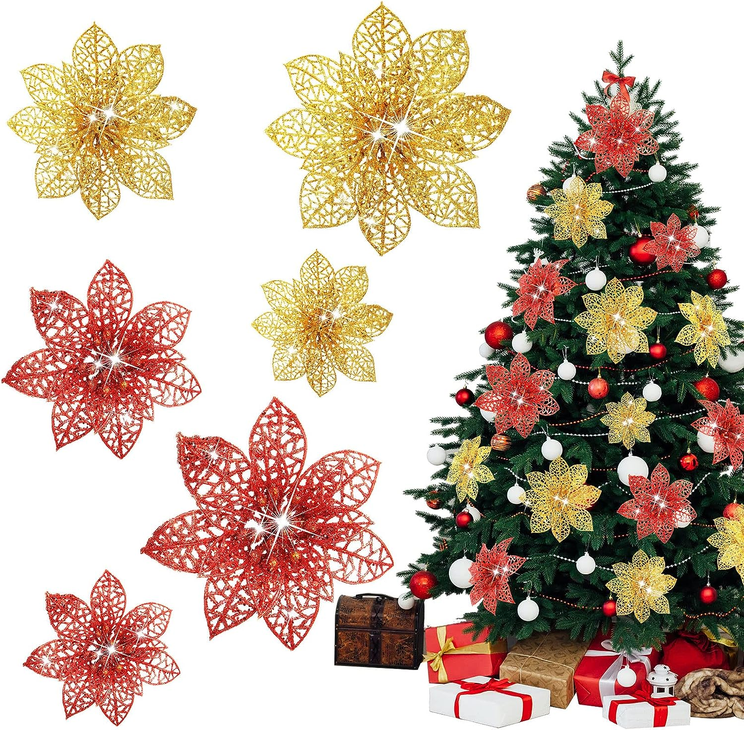 Christmas-36 pack glitter poinsettia Christmas flowers decorations Christmas tree ornaments glitter gold 4