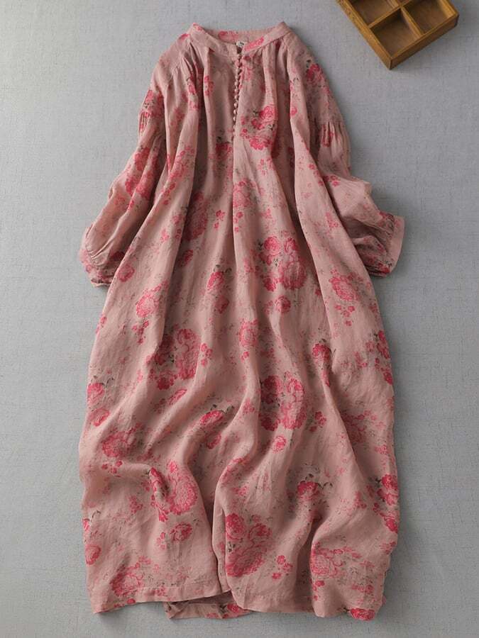 Printed Loose Standing Collar Cotton Linen 3/4 Sleeve Dress