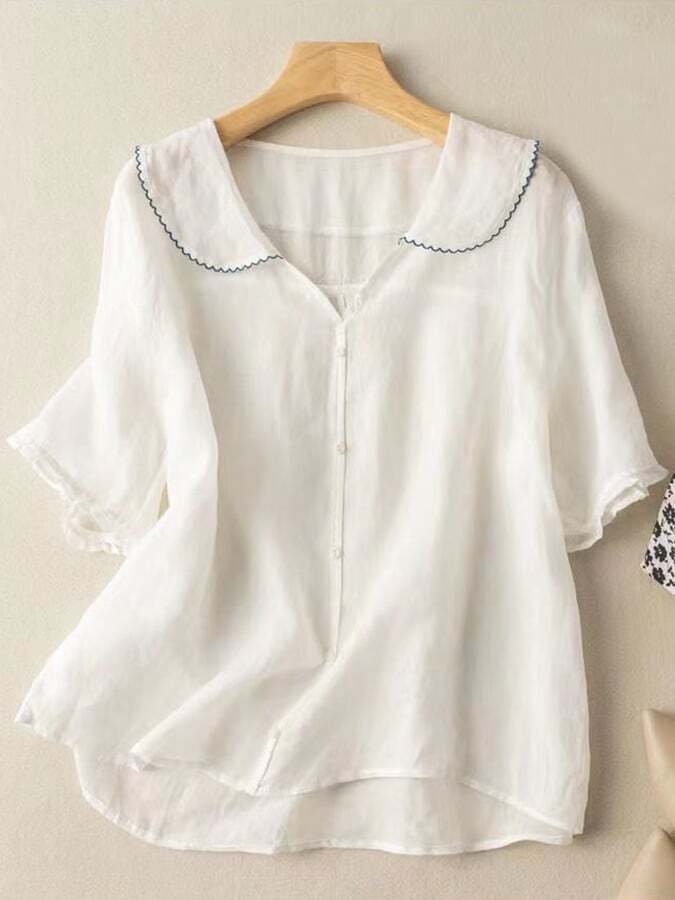 Cotton And Linen Retro Short Sleeved Navy Doll Collar Thin Shirt