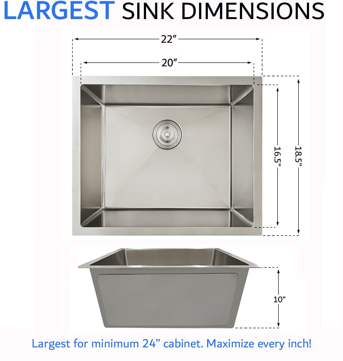 22-inch Undermount Kitchen Sink, 16 Gauge Single Bowl Stainless Steel Kitchen Sink Set with Strainer & Bottom Grid (22
