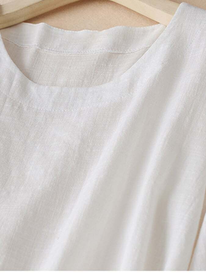 Cotton Linen Solid Color Round Neck Short Sleeve Dress