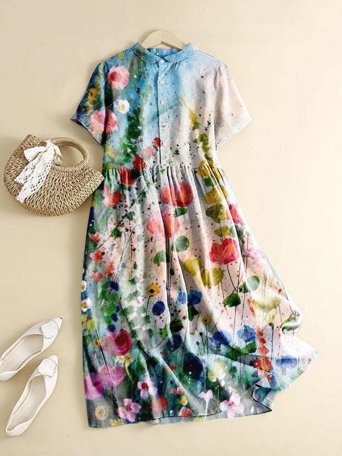 Fashion Casual Art Oil Painting Floral Print Shirt Dress