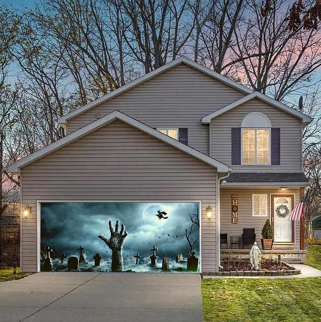 Spooky Graveyard Halloween Garage Door Banner Mural on a Full Moon Nig ...