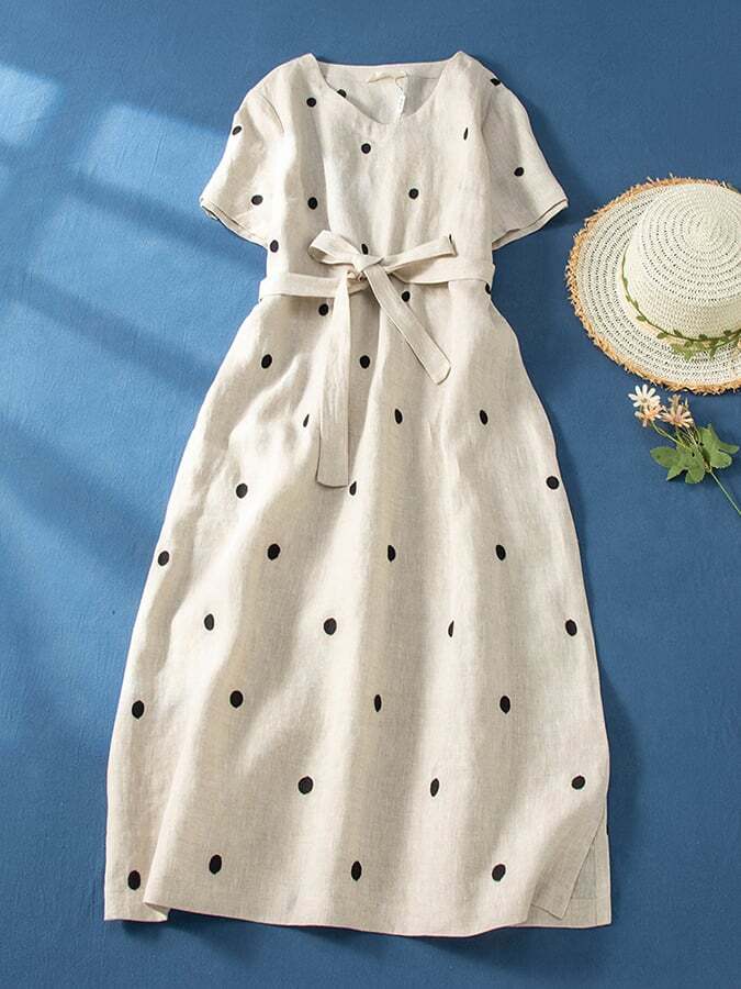 Cotton And Linen Printed Polka Dot Artistic Waistband Dress