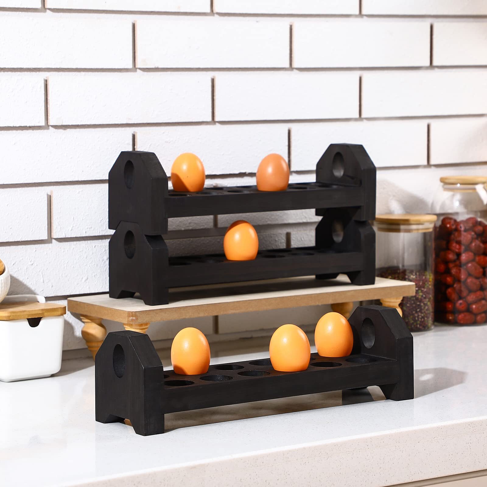 Set of 3 36 Holes Wooden Egg Holder Countertop Stackable Egg Rack Rustic Wooden Egg Tray Fresh Egg Container Rack Deviled Egg Tray Organizer for Kitchen Counter Storage, 13.9 x 3.9 x 3.9 Inch