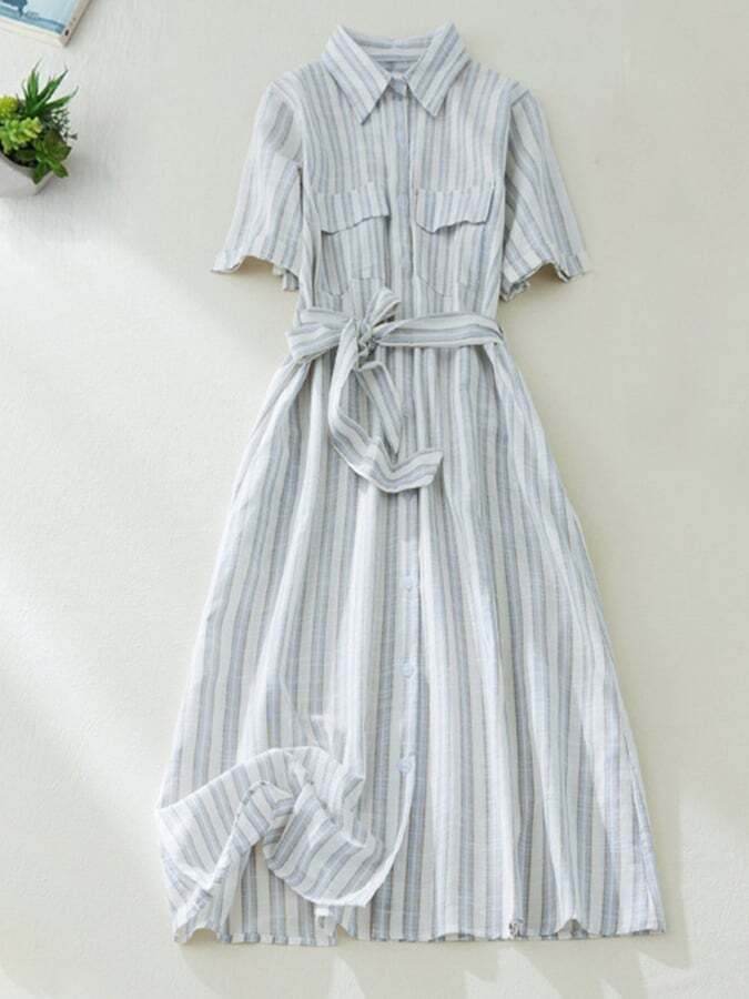 Waist Tie Vertical Stripe Polo Collar Short-Sleeved Dress