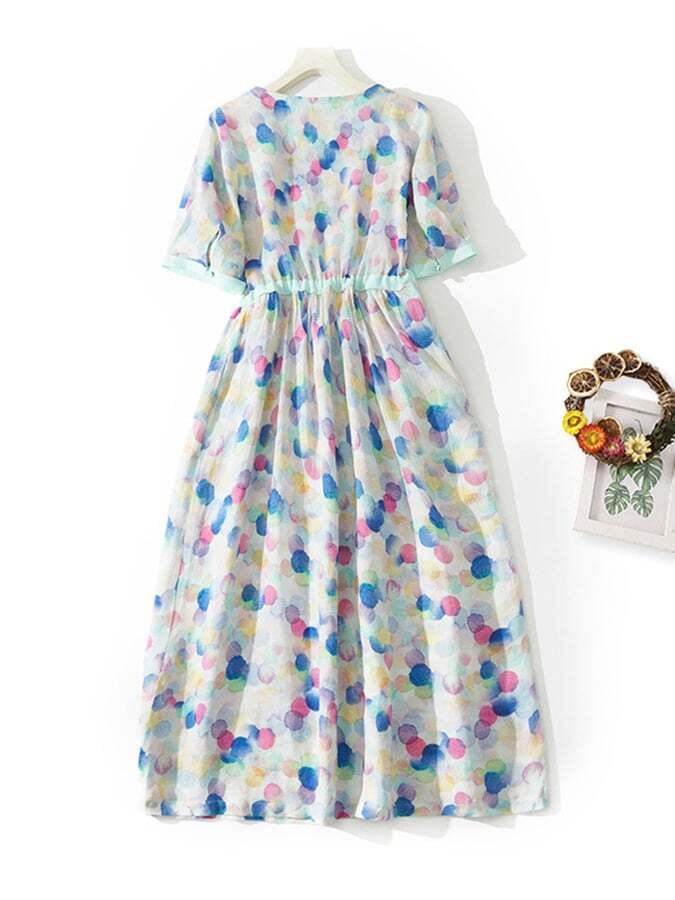 Lace Up Waistband Polka Dot Printed Cotton Linen Dress