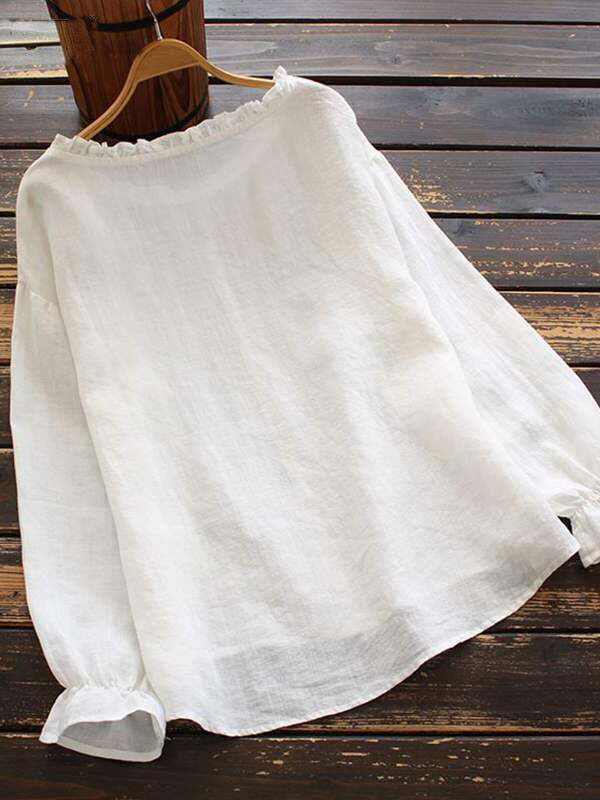 Women's Cotton Linen Solid Color Round Neck Long Sleeve Shirt
