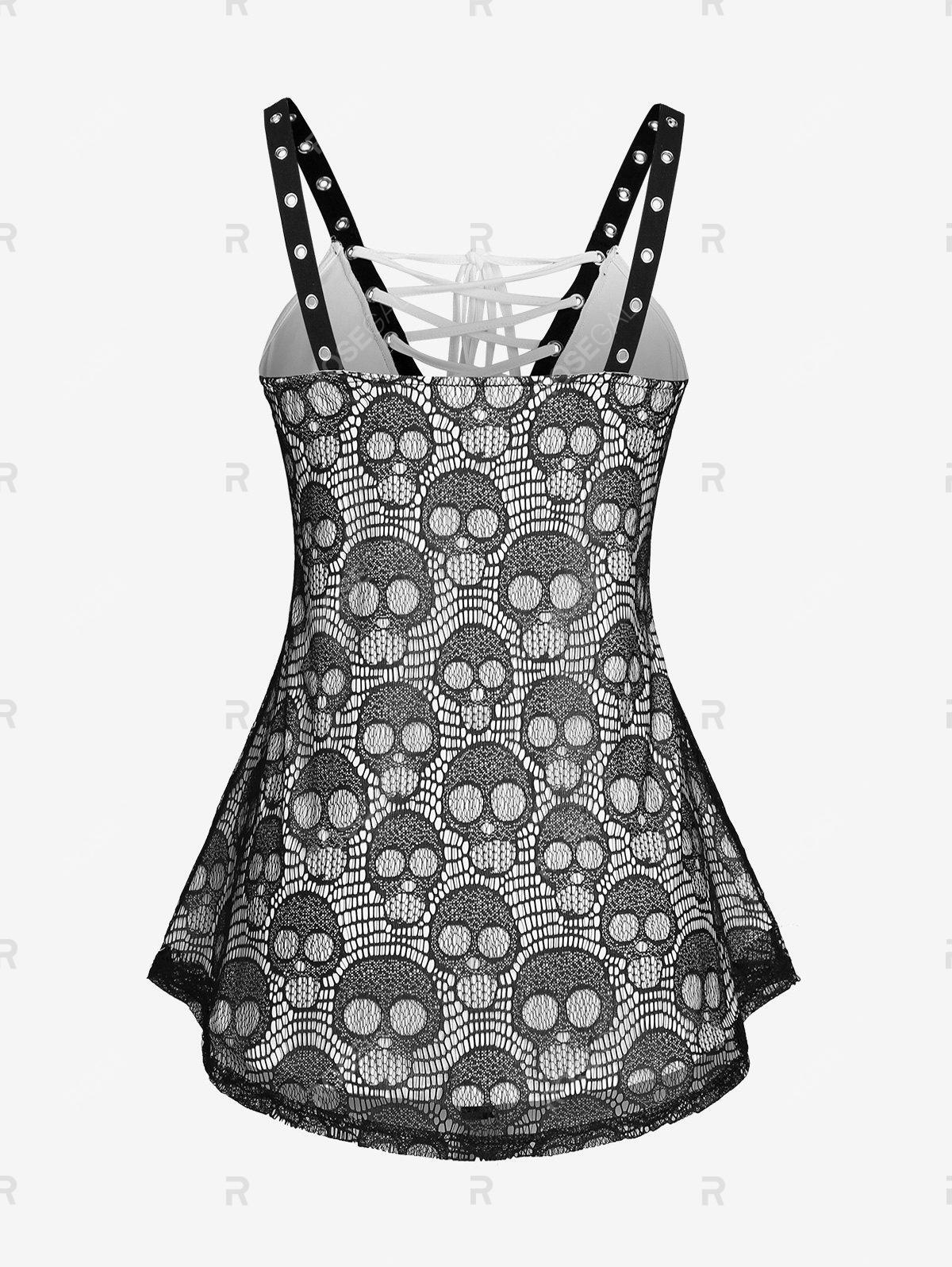 Lace Skull Grommet Tank Top and Buckle Cutout Leggings Plus Size Summer Outfit