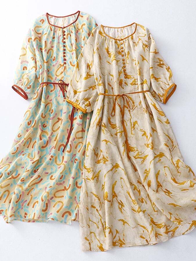 Printed Cotton And Linen Floral Lace Up Large Swing Dress