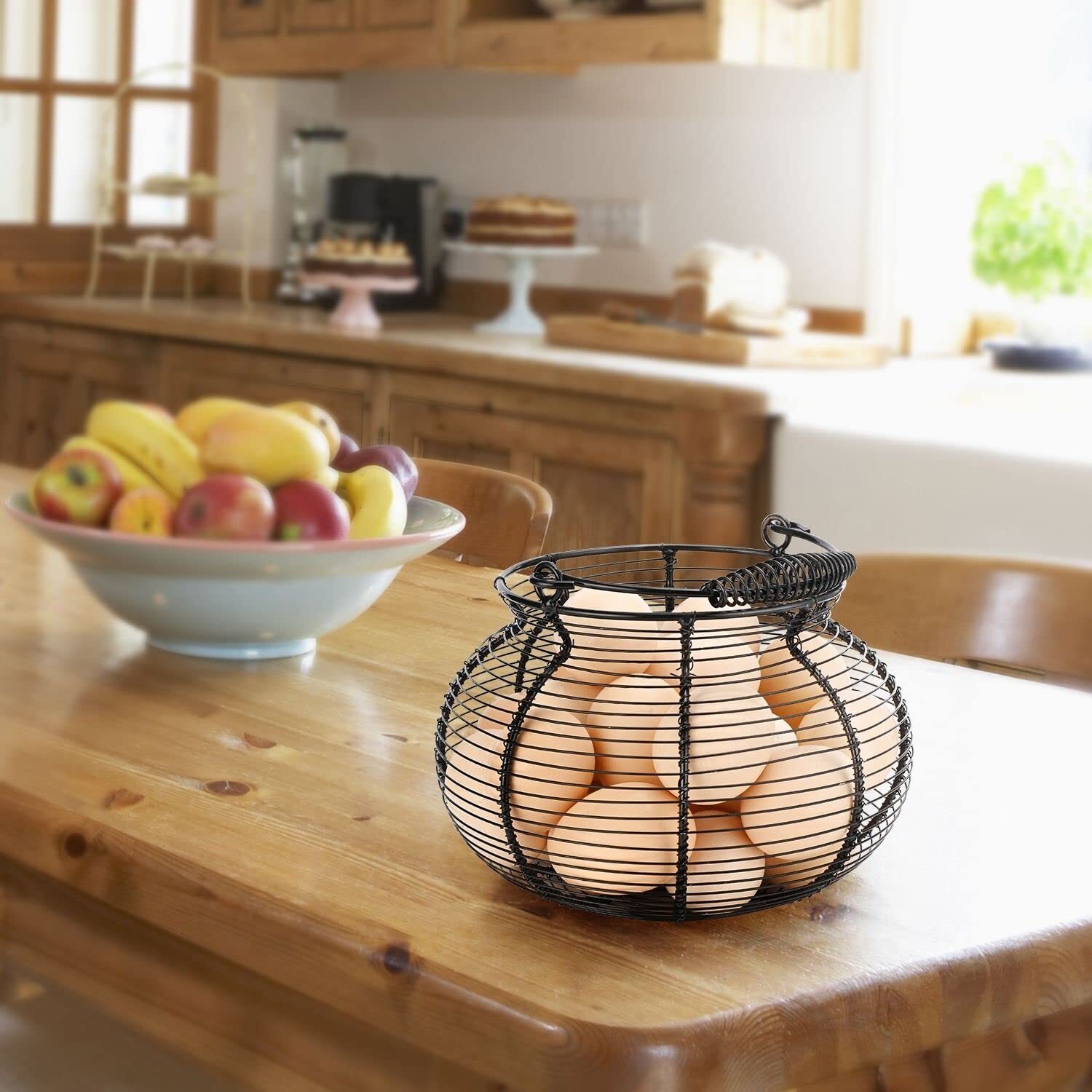 Egg Collecting Basket Round Wire Basket Chicken Egg Holder Black Farmhouse Rustic Decorative Egg Storage, Chicken Egg Basket for Gathering Fresh Eggs, Fruits, and Vegetables, with Handle