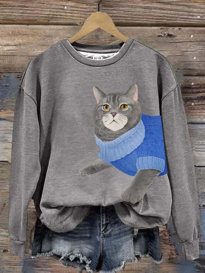 Women's Cat Print Round Neck Long Sleeve Sweatshirt